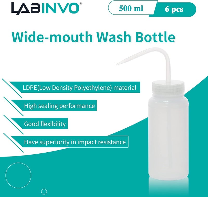 LINVO 6pcs of Economy Wash Bottles, Vol.500ml (17oz), Wide-Mouth, Self-Venting Safety Wash Bottles, LDPE Material, IN-WBW500 - Image 2